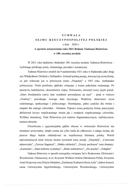 Uchwała Sejmu w sprawie ustanowienia roku 2021 Rokiem Tadeusza Różewicza