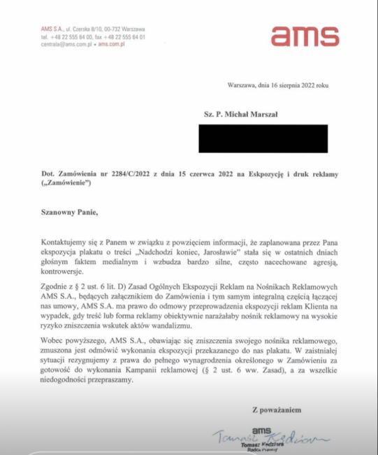 pismo od prawnika firmy AMS